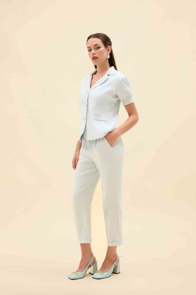 KNIT DETAIL SHORT-SLEEVED LINEN BLAZER JACKET - 6