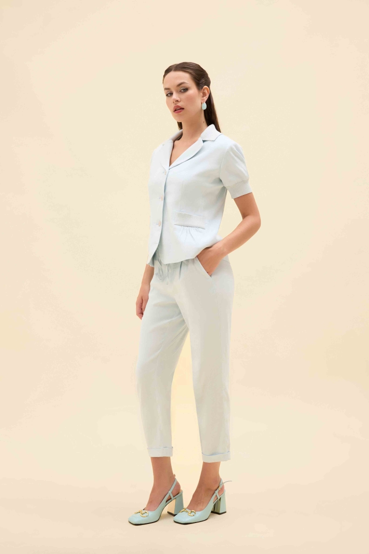 KNIT DETAIL SHORT-SLEEVED LINEN BLAZER JACKET - 6