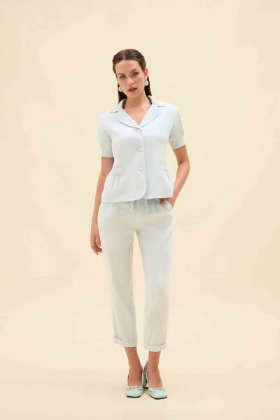 KNIT DETAIL SHORT-SLEEVED LINEN BLAZER JACKET - 4