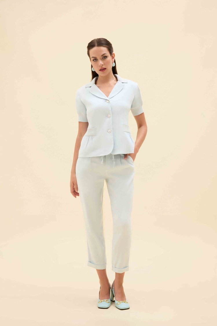 KNIT DETAIL SHORT-SLEEVED LINEN BLAZER JACKET - 4