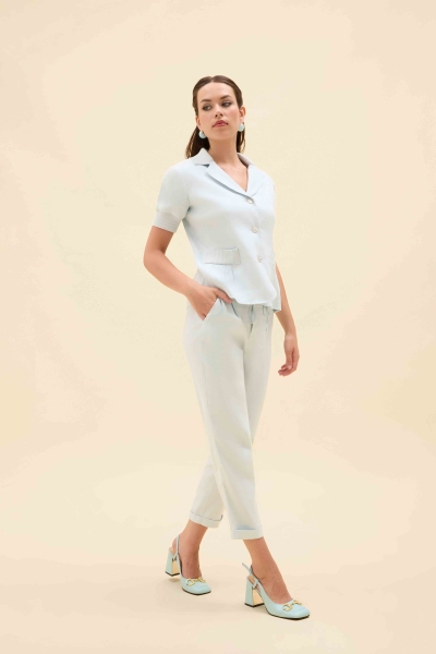 KNIT DETAIL SHORT-SLEEVED LINEN BLAZER JACKET - 5