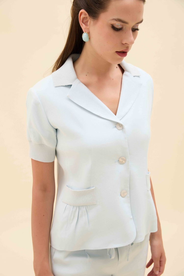 KNIT DETAIL SHORT-SLEEVED LINEN BLAZER JACKET - 2