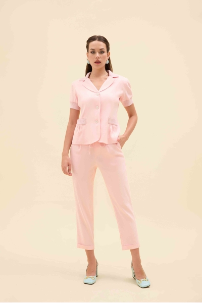 KNIT DETAIL SHORT-SLEEVED LINEN BLAZER JACKET - 10