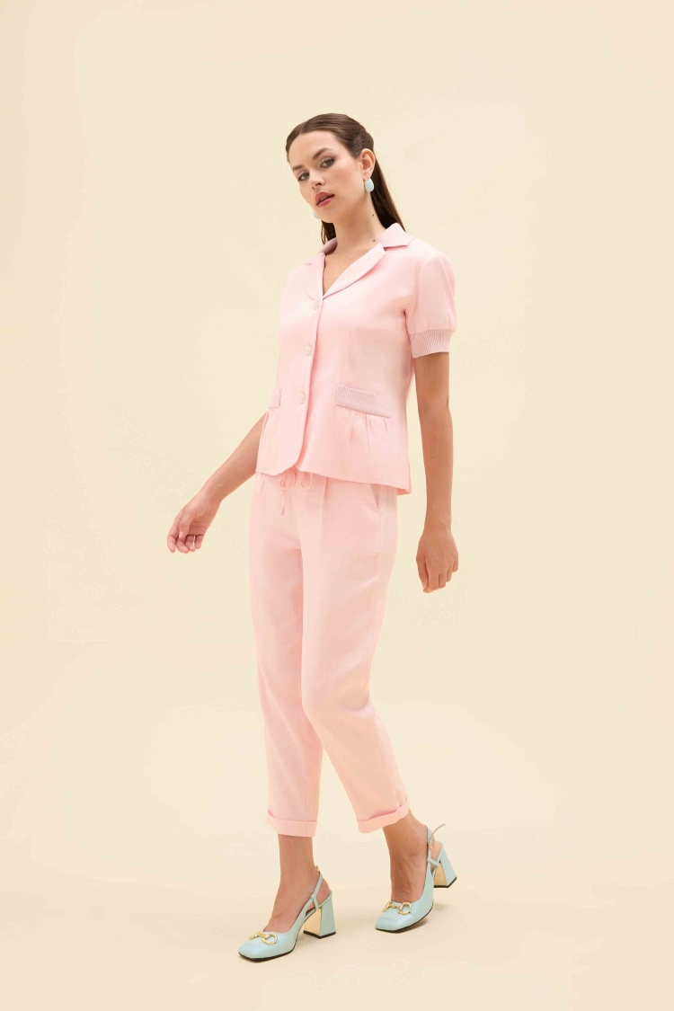 KNIT DETAIL SHORT-SLEEVED LINEN BLAZER JACKET - 11