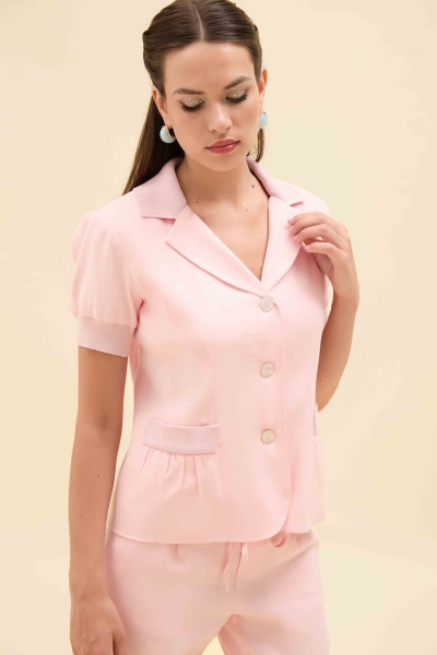 KNIT DETAIL SHORT-SLEEVED LINEN BLAZER JACKET - 8