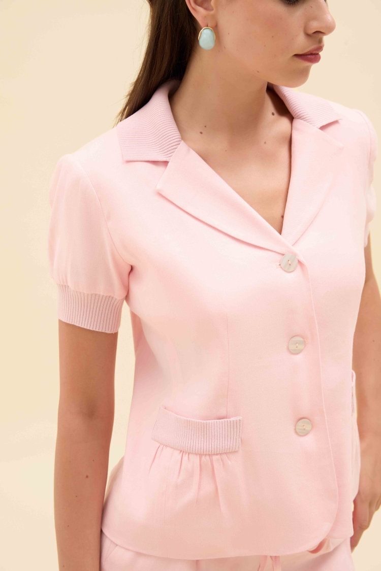 KNIT DETAIL SHORT-SLEEVED LINEN BLAZER JACKET - 9