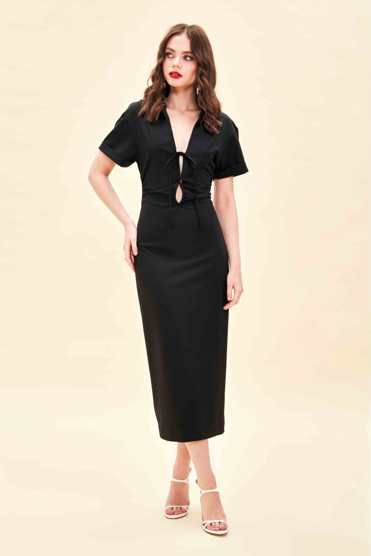 PENCERE DETAYLI MİDİ BOY GÖMLEK ELBİSE - 6