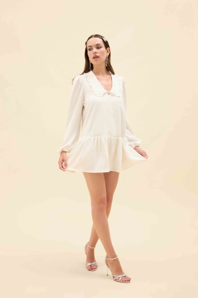 BEBE YAKA TAŞ DÜĞMELİ MİNİ ELBİSE - 5